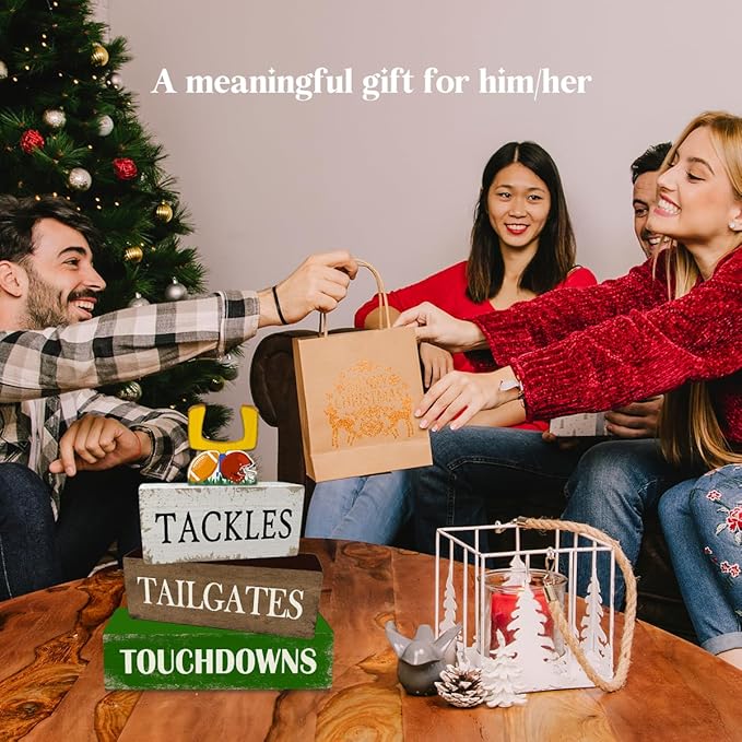 4 Pcs Football Table Decorations Wooden Football Tiered Tray Decor Sport Game Centerpiece Block Sign for Tailgate Birthday Party Tabletop Desk Shelf Mantel Fireplace Home Decor