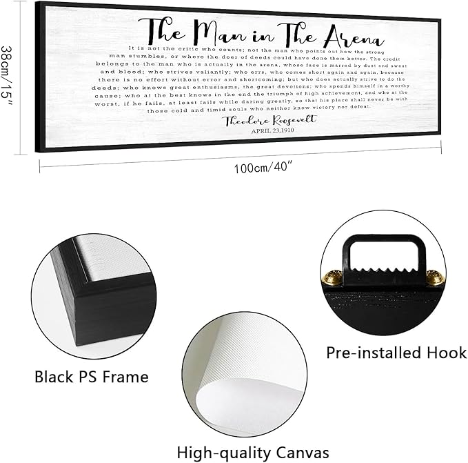 The Man In The Arena Wall Art: 40x15 Inch Inspirational Quotes Wall Decor, Motivational Poster Canvas Print Framed Office Decor,Positive Wall Decor for Bedroom Living Room