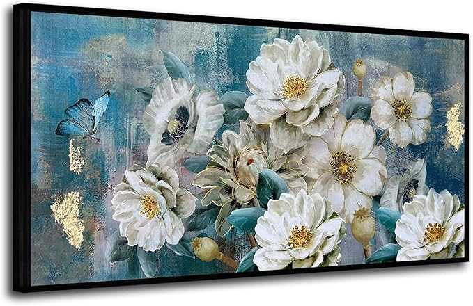 Arjun Extra Large Black Framed Flower Canvas Wall Art for Living Room White Elegant Modern Painting for Bedroom Textured Gold Foil Turquoise Picture Floral Teal Artwork Home Office Decor, 58"x29"