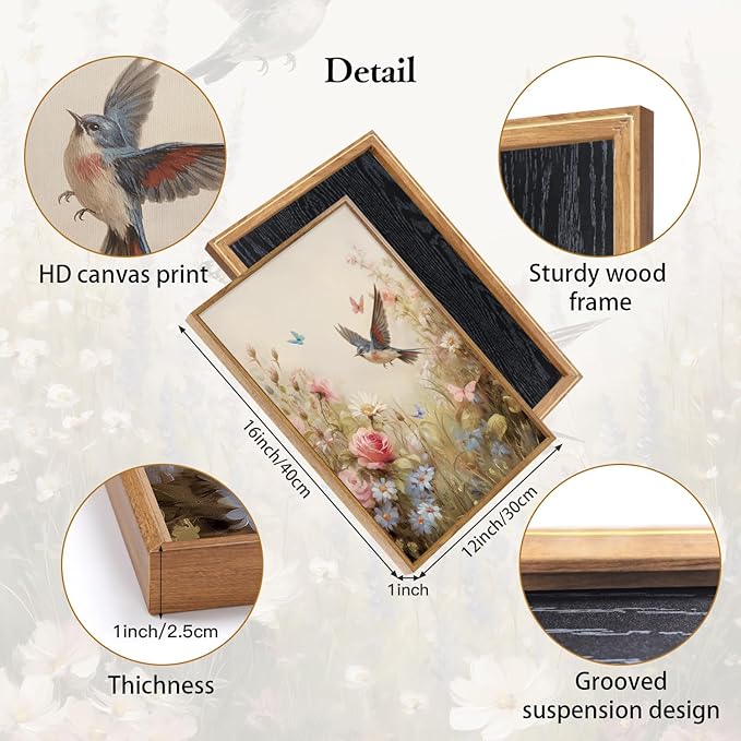 CHDITB Floral Bird Framed Canvas Wall Art Set Of 3, Vintage Garden Wall Decor, Nature Wildflower And Bird Wall Painting, Botanical Flower Art Prints For Dining Room Bedroom Decor (12X16 Inch)