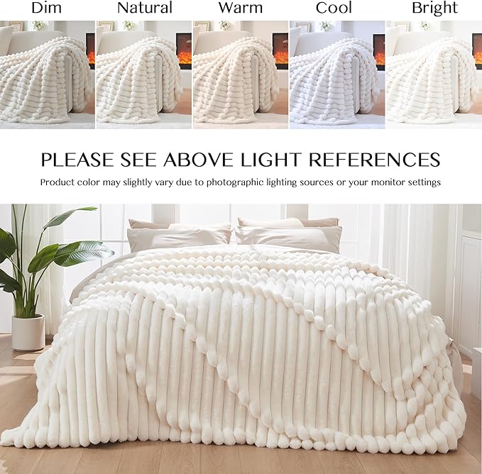 Lotus Karen Faux Fur Throw Blanket - Stripe Faux Rabbit Fur Blanket for Couch, Cozy Soft Fluffy Fuzzy Blanket, Warm Thick Furry Plush Shaggy Small Blankets for Women, Cream White,50x60 Inches