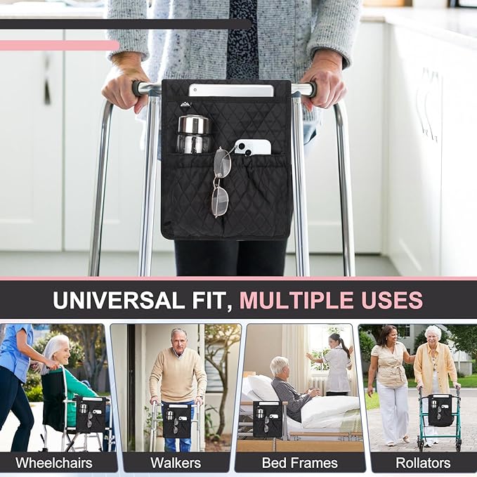 supregear Walker Bag, Universal Seniors Caddy Organizer with Multiple Pockets, Lightweight Accessories for Elderly, Rollators, Wheelchairs and Bedside Rails, Easy to Use Storage Pouch, Black