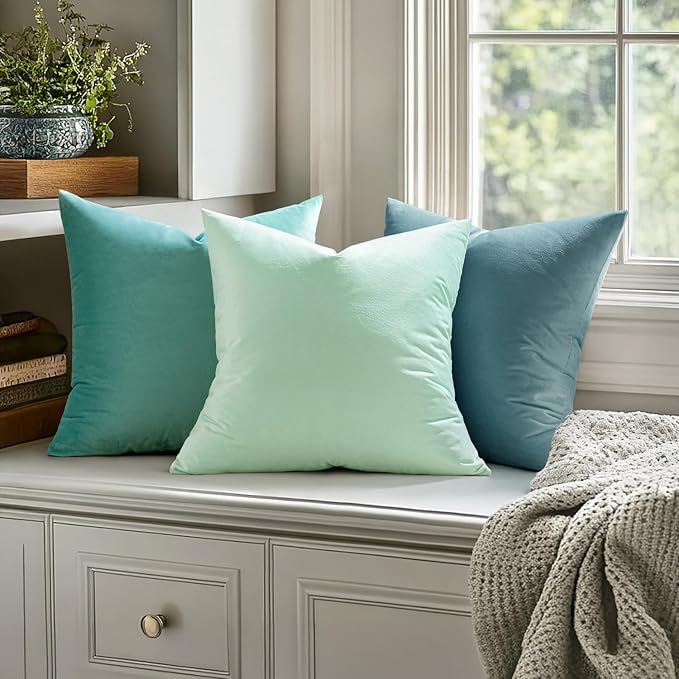 MIULEE 26x26 Inch Euro Sham Velvet Pillow Covers, Set of 2 Large Square Decorative Pillows -Aqua Green Super Soft for King Bed, Sofa, Couch, Accent Chairs with Hidden Zipper