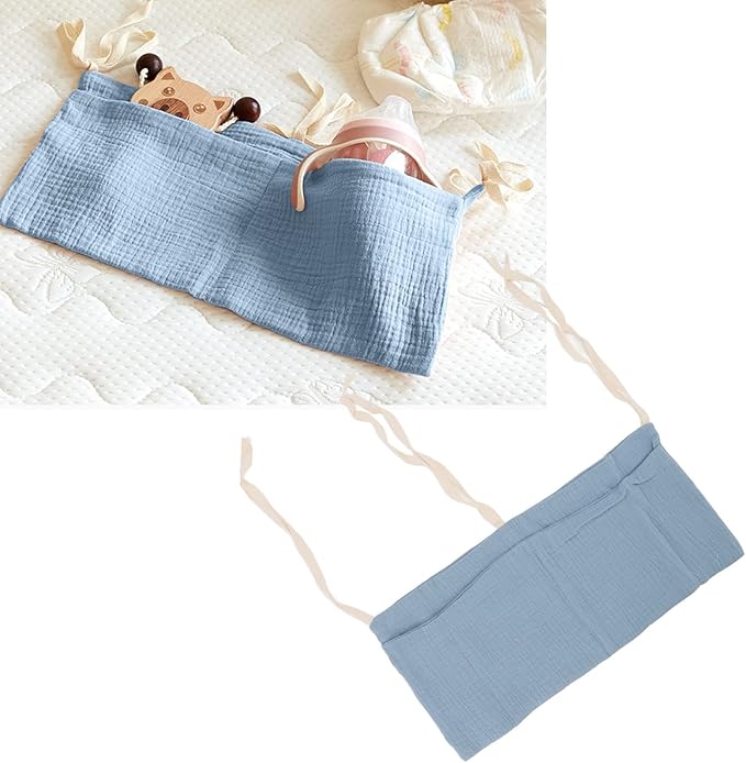 Diaper Caddy, Pure Cotton Cloth Baby Bedside Hanging Storage Bag Diaper Stacker Crib Organizer Hanging For Crib 2 Pockets Adjustable Strap Organizer for Baby Cribs and Toys (Dark Blue)
