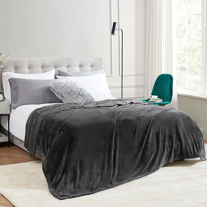 Hansleep Flannel Fleece Throw Blanket Twin Size, Super Soft Fluffy Bed Plush Blanket Throw, Luxury Fuzzy Cozy Couch Blanket for All Seasons, Charcoal, Twin 60x80