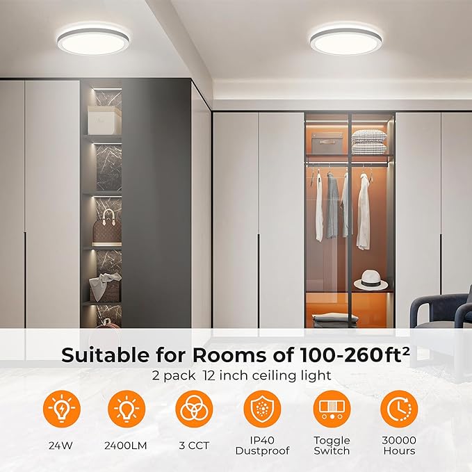 BLNAN LED Flush Mount Ceiling Light, 12 Inch 24W 3000K/4000K/5000K Hardwire Light Fixture, Ultra Thin Round White Lamp for Kitchen Porch Bedroom Hallway Stairwell Basement, Non-dimmable 2 Pack