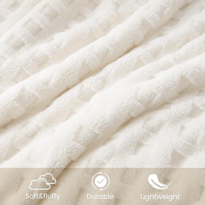 Cozy Bliss Ultrasoft Waffle Throw Blanket, Fluffy Cute Plush Blanket for Couch, Bed, Modern Home Accent, Portable for Picnic or Outdoor, Ivory, 50"x60"