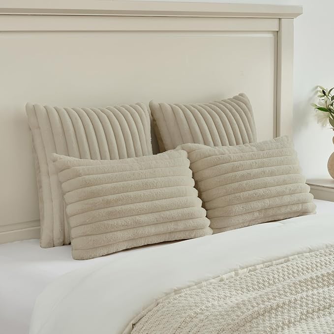 FUTEI Beige Decorative Throw Pillow Covers Set of 2, 16x16 Inch Soft Fluffy Faux Fur Plush Striped Cushion Cases, Modern Home Decor for Couch Bed Living Room