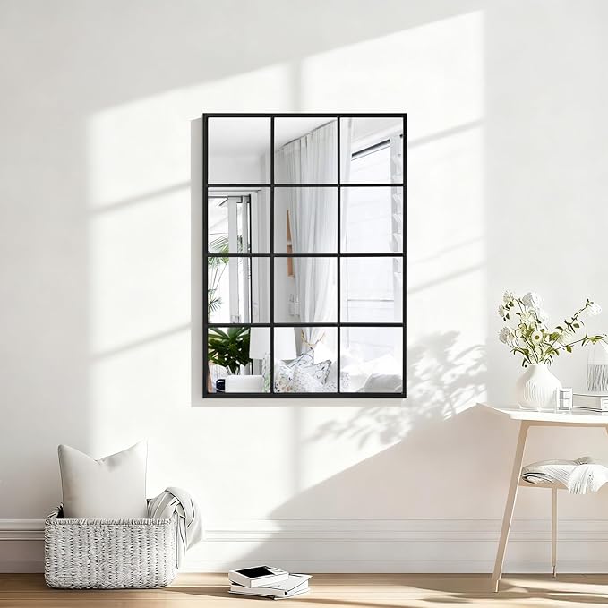 Black Wall Mirror, Rectangle Metal Framed Mirror Modern Art Decorative Mirrors for Living Room Bedroom Entryway 20x28 Inch Decor