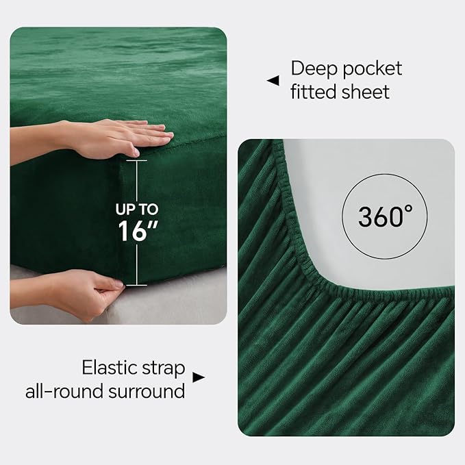 BEDELITE Flannel Sheets Twin Size Dark Green - Super Soft Fleece Sheets Set Fluffy Extra Plush, 3 Piece(Include Fitted Sheet, Flat Sheet, 1 Pillowcase)