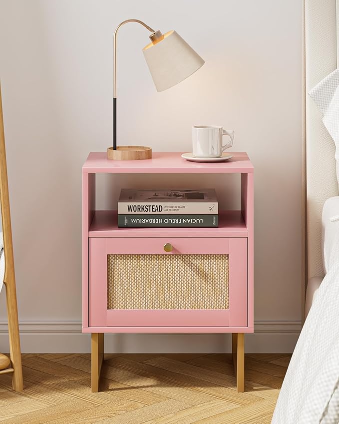 Masupu Rattan Nightstand,Modern Boho Farmhouse Wood Bedside Table with Storage Drawer and Open Shelf,Small Black Frame Side End Table for Bedroom,Living Room,Office (Pink)