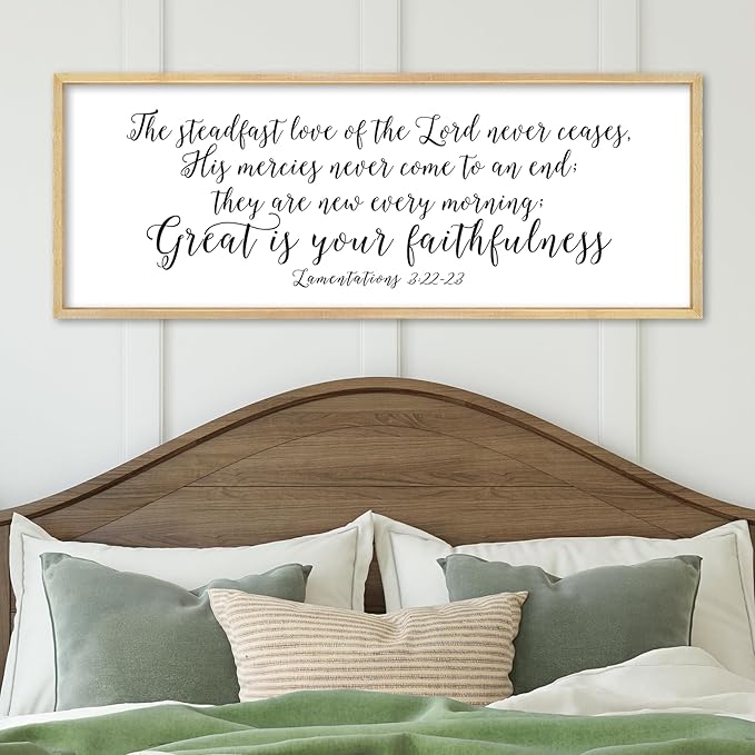 The Steadfast Love of The Lord Wall Decor 32"×12" Lamentations 3:22–23 reat Is Thy Faithfulness Sign Bible Verse Scripture Large Christian Religious Wall Hanging Art (Wood)