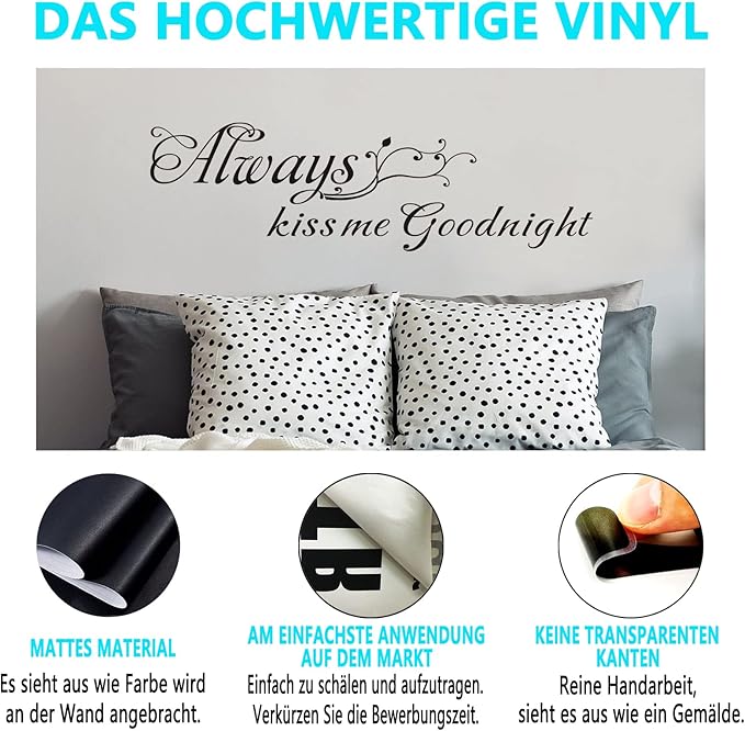 AnFigure Couples Quotes Wall Decals: Inspirational Vinyl Art Love Wall Stickers for Home Bedroom Bathroom Living Room - Always Kiss Me Goodnight 55"X16"