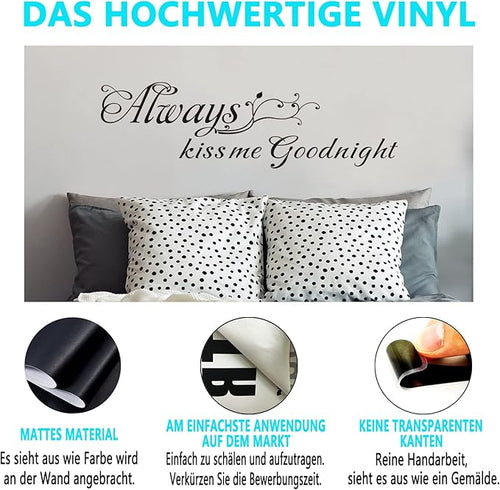AnFigure Couples Quotes Wall Decals: Inspirational Vinyl Art Love Wall Stickers for Home Bedroom Bathroom Living Room - Always Kiss Me Goodnight 55"X16"