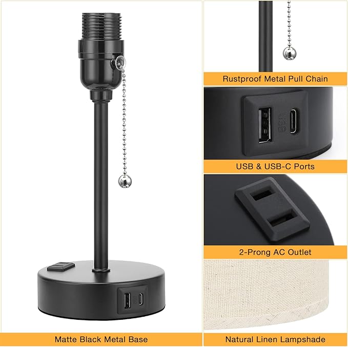 Beige Small Lamps 3 Levels Brightness - 3000K 4000K 5000K Bedside Lamps with USB C and A Ports, Pull Chain Table Lamps with AC Outlet, Nightstand Lamps with Black Metal Base for Bedroom Kids Reading