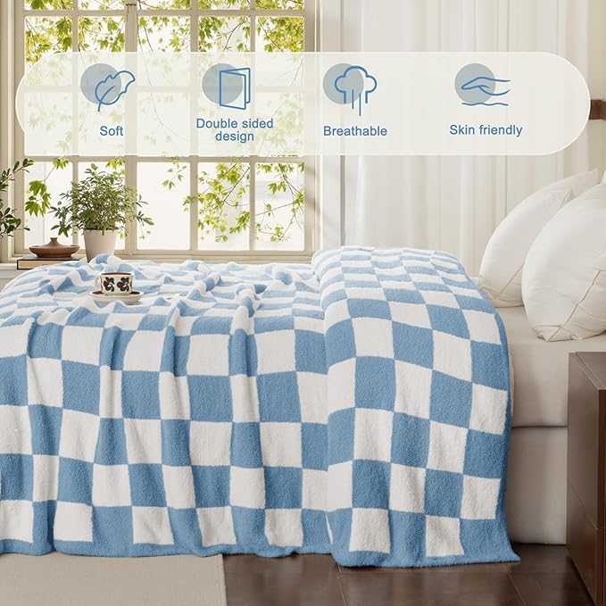 Whale Flotilla Checkered Knit Blanket Queen Size, Ultra Soft Warm Reversible Cozy Decorative Blankets for Couch Sofa and Bed, 90x90 Inch, Light Blue