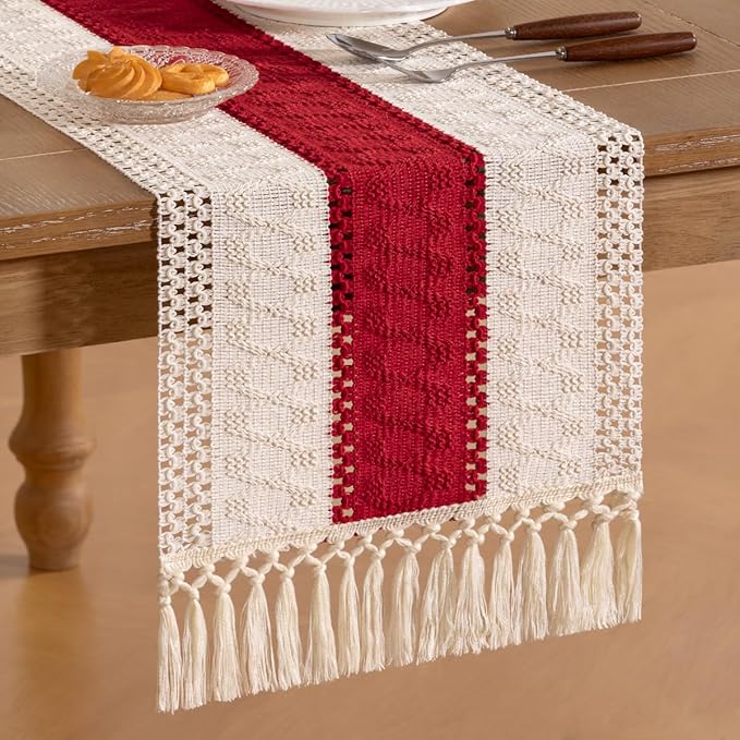 Socomi Boho Table Runner Easter Spring Farmhouse Rustic Dining Kitchen Centerpiece Decor Small Macrame Woven Cotton Linen Coffee Table Runner for Dresser Scarf Home Decor 12x36 in Red Ivory