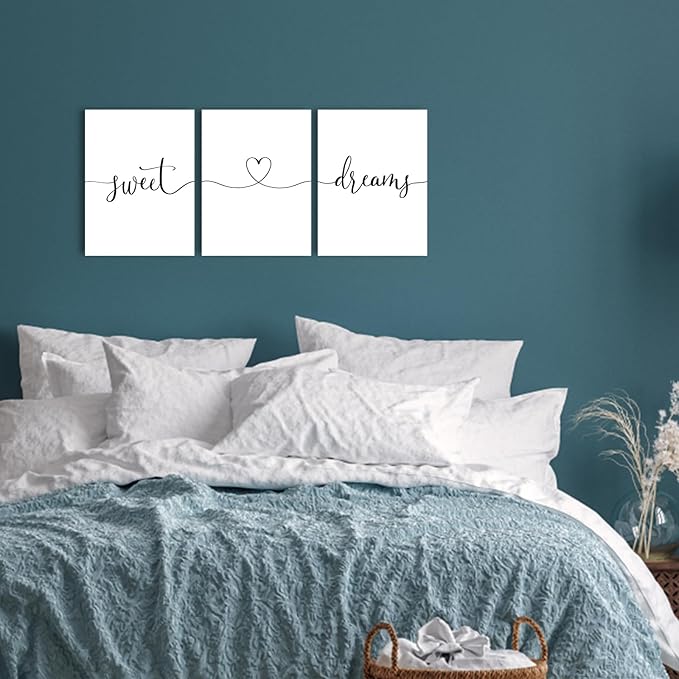Sweet Dreams Wall Art Above Bed: Set of 3 Modern Master Bedroom Signs for Couples, Rustic Farmhouse Hanging Plaques Aesthetic Minimalist Guest Room Decor, 12x16 Inch