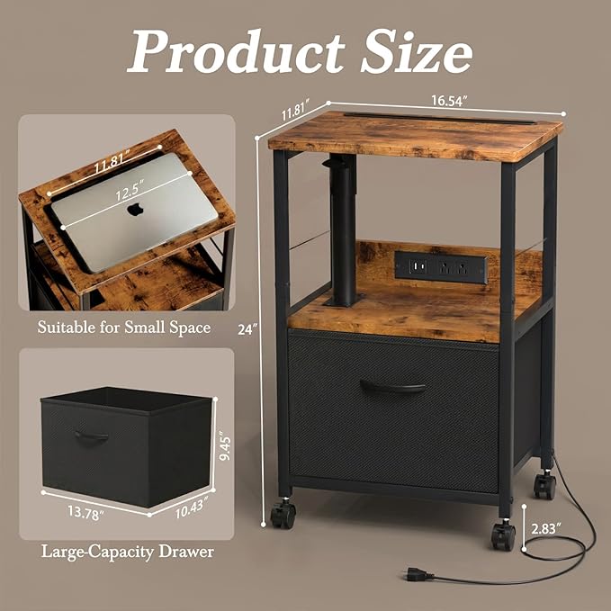 360° Swivel Nightstand with Height Adjustable, Lift Top Bedside Table with Charging Station, Rolling Night Stand with Fabric Drawer, End Table with Wheels, for Bedroom, Living Room, Brown Black