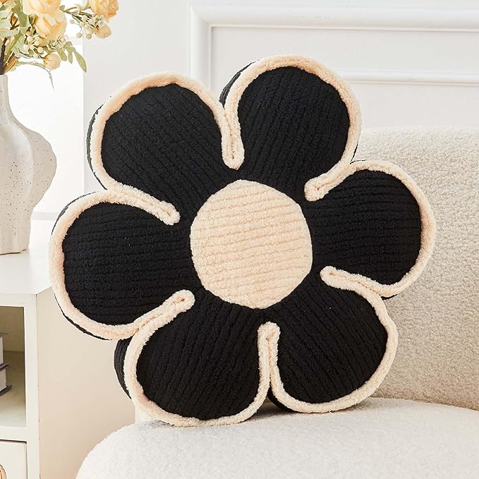 Kcvvcr Flower Pillow, Soft Flower Decorative Throw Pillow, Cute Daisy Flower Shaped Seating Floor Cushion Room Décor Plush Pillows for Sofa Couch Bed (13.7 Inch, Black)