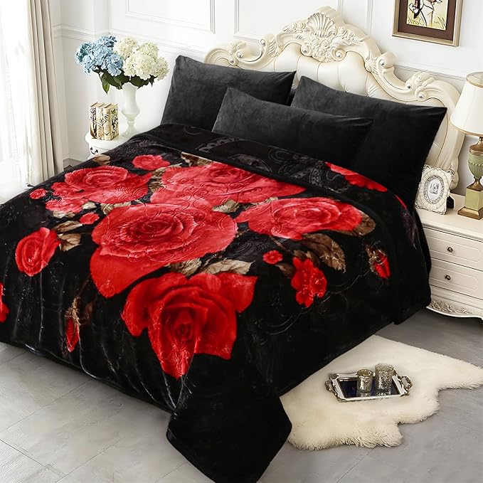 JYK Soft Blanket Korean Mink Blanket, 5 LB Fleece Blanket Queen 75'' x 87'' - 2 Ply Reversible 520GSM Super Soft Plush, Medium Thick, Warm Bed Blanket for Autumn Winter - Peony/Rose