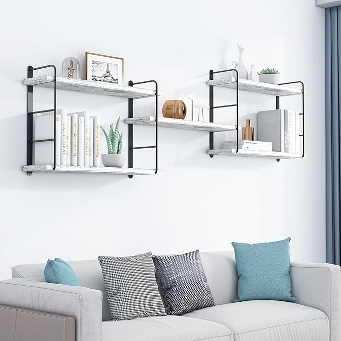 Wall Shelves, Wall Mounted Bookshelves, DIY Floating Shelves for Wall, Wood Hanging Book Shelves for Room, Bedroom, Living Room, Easy Installation (Washed White, 50W x 17H)