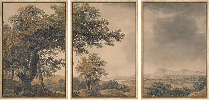 MUDECOR Framed Wall Art Print Set Vintage Landscape Rustic Tree and Mountain View Illustrations Decorative Colorful for Living Room, Bedroom, Office - 24"x36"x3 Natural