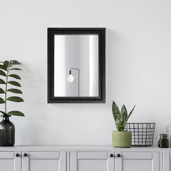 Black Wood Beaded Frame Wall Mount Mirror, 12 x 16 Inches Modern Farmhouse Real Glass Horizontal/Vertical Hanging Mirror for Bathroom, Living Room, Entryway