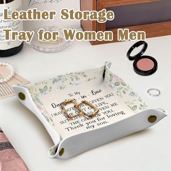 Daughter in Law Gifts Jewelry Valet Tray for Women, Gifts for Daughter in Law PU Leather Catchall Beside Caddy Nightstand Organizer Tray for Jewelry Rings Watches and Accessories, 7.87x7.87in
