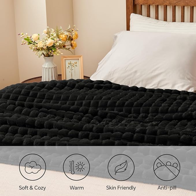 BEDELITE Black Throw Blanket for Couch and Bed- Super Soft and Warm 3D Checkered Fluffy Fuzzy Fleece Blanket, Luxurious Plush Cozy Blanket for Room Decor Fall and Winter, 90x90 inches, Queen Size