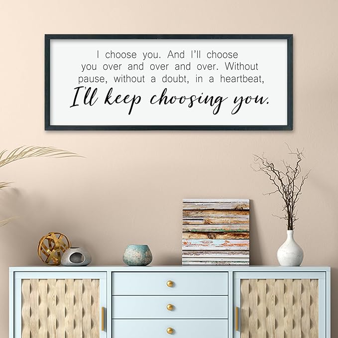 comurdyo Romantic Love Quotes I'll Keep Choosing You Sign 40"X15" Modern Rustic Large Love Theme Master Bedroom Above Bed Wall Decor I Choose You Wood Framed Simple Wall Hanging Art (Black)