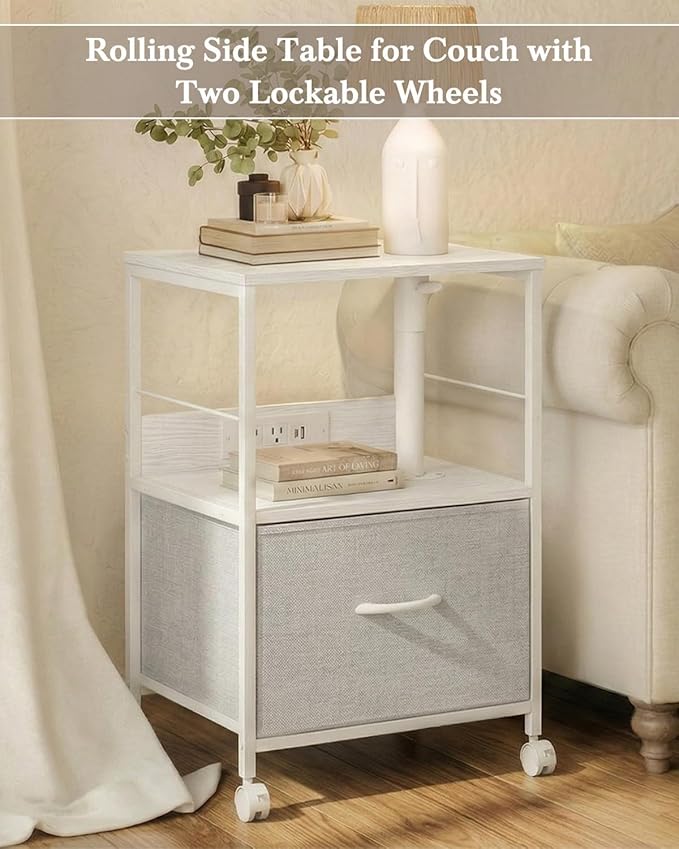 360° Swivel Nightstand with Height Adjustable, Lift Top Bedside Table with Charging Station, Rolling Night Stand with Fabric Drawer, End Table with Wheels, for Bedroom, Living Room, White Gray