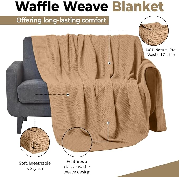 100% Cotton Blankets for Bed - Waffle Weave Blankets for Summer, Lightweight and Breathable Soft Woven Blanket for Spring (Beige, Throw (50" x 60"))