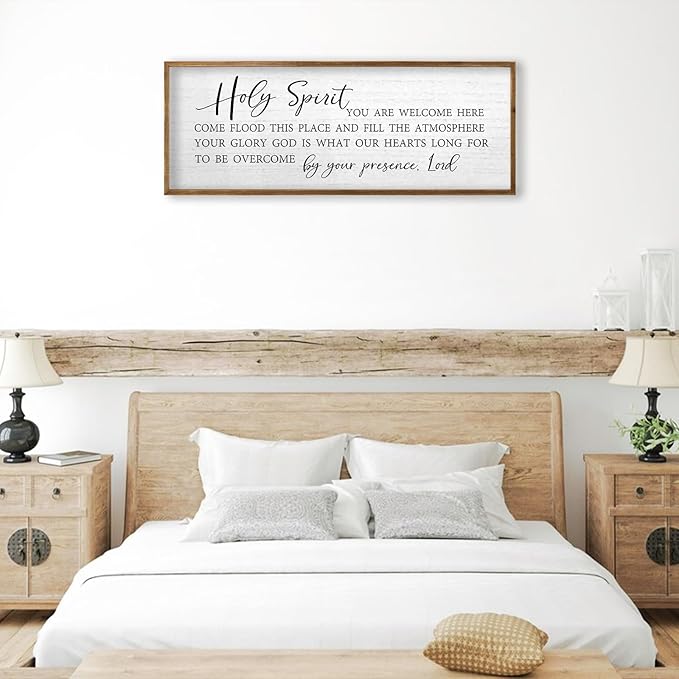 TQianJiang Christian Wall Art Holy Spirit You are Welcome Here Sign Religious Inspirational Quotes Decor 32"×12" Bible Verse Plaque Scripture Living Room Prayer Catholic Wall Hanging (Wood)