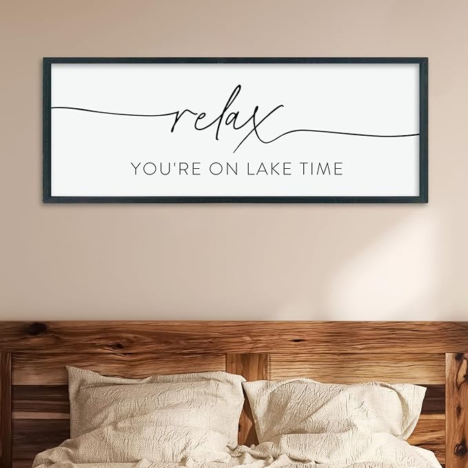 LuZhiQiang Home Wall Decor Relax You're On Lake Time Sign 40"×15" Living Room Minimalist Plaque for Lake House Bedroom Large Wood Framed Hanging Wall Art (Black)