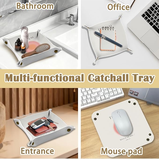 Christian Gifts Jewelry Valet Tray for Women Faith -Trendy Preppy Aura Jesus Bible Verse PU Leather Catchall Beside Caddy Nightstand Organizer Tray for Jewelry Rings Watches Keys,7.87x7.87in