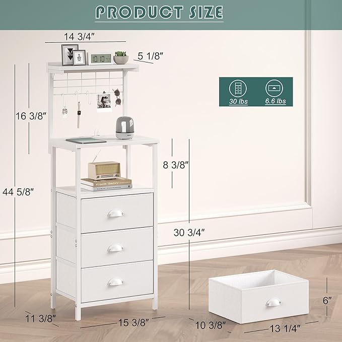 Bedside Tall Nightstands with Charging Station, LED Bedside Table for Bedroom - 3 PU Fabric Drawers, Hooks, USB/Type-C Ports & Open Bedside Storage Shelves, White