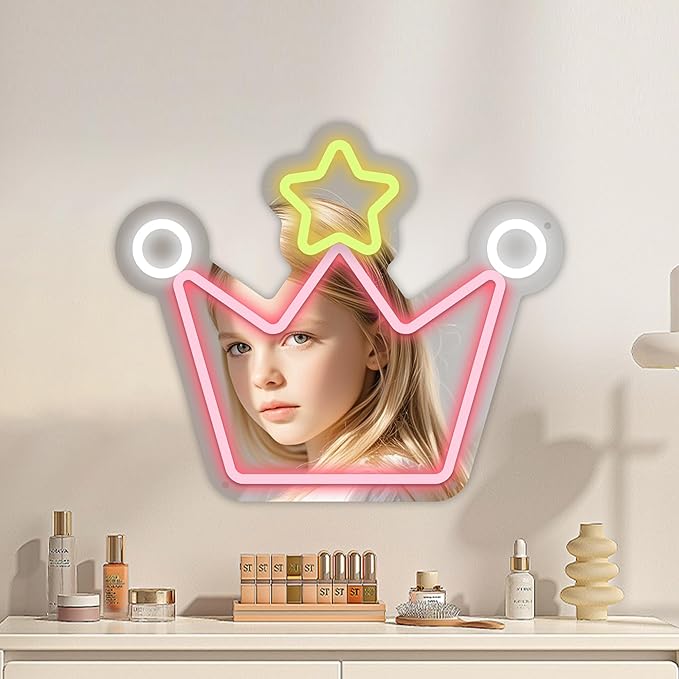 Moneter Anime Crown Mirror with Neon Signs, Wall Mount, Lighted & Neon Signs, Classic & Modern Style, 13.4 x 16 Inches