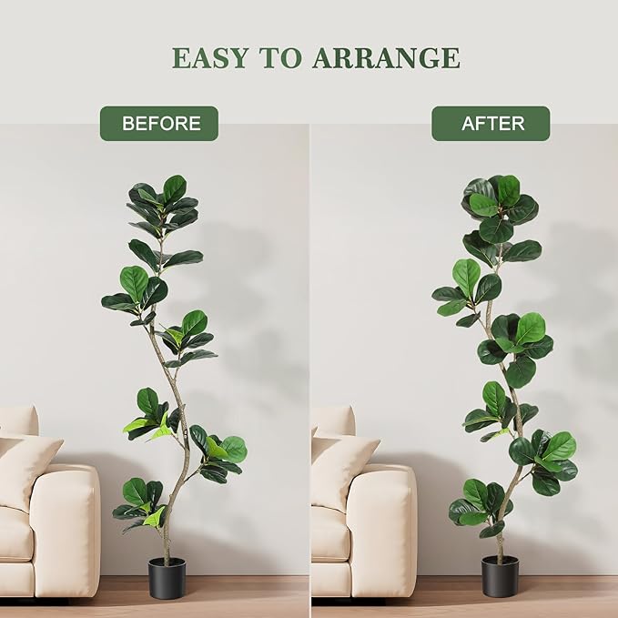 GarveeHome Artificial Fiddle Leaf Fig Tree - 6 ft Fake Plant with Black Nursery Planter, Large Fake Tree for Home or Office Decor - Artificial Plants Indoor Outdoor, Housewarming Gift