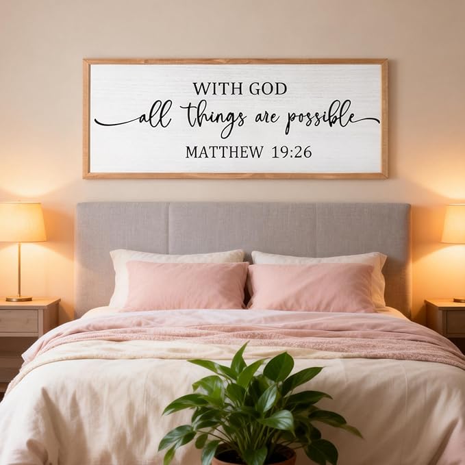 With God All Things are Possible Framed Wall Art, 40''×15'' Positive Religious Rustic Bible Verse for Christian God Jesus Christ Prayer, Vintage Horizontal Holy Inspirational Catholic Scripture Decor