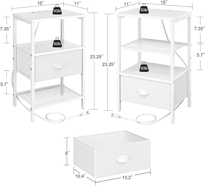 Nightstands Set of 2, Night Stands with Charging Station and Fabric Drawer PU Finish, Bedside Tables with Drawers, 2-Tier Side Table with Open Shelf, Nightstands with Charging Station,White