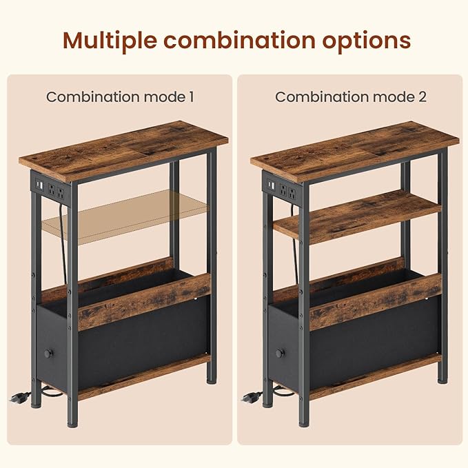 Narrow Side Table with Charging Station and LED Light, End Table with 1 Fabric Drawer, Skinny Nightstand with USB Ports & Type-C, Slim Bedside Table for Bedroom, Living Room, Rustic Brown