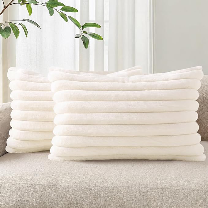 Pallene Faux Fur Plush Lumbar Throw Pillow Covers 12x20 Set of 2, Luxury Soft Fluffy Striped Decorative Pillow Covers for Sofa, Couch, Living Room, Cream White