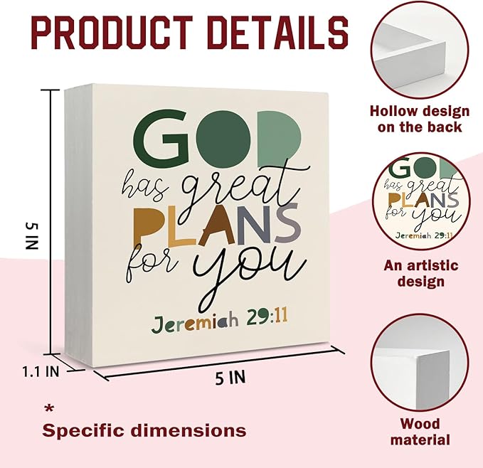 Lacama Christian Nursery Wooden Box Sign, Boho Bible Verse Decorations Wood Block Signs, God Has Great Plans for You Christian Wood Sign for Boys Room Bedroom Desk Shelf Wall Decor 5x5 Inches