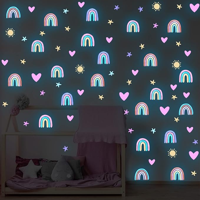 Epakh Rainbow Wall Decor Stickers Small Rainbow Decal Watercolor Heart Star Sun Wall Stickers Decor for Girls Boys Baby Bedroom Nursery(Luminous Blue)