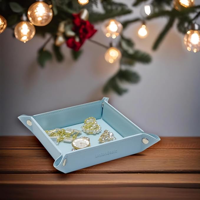 UnionBasic Small Jewelry Tray for Rings Watches Earrings, Entryway Catchall Caddy for Coins Keys Change, Nightstand Bedside Valet Holder, Trays for Electronic Gadgets, Lychee Pale Blue