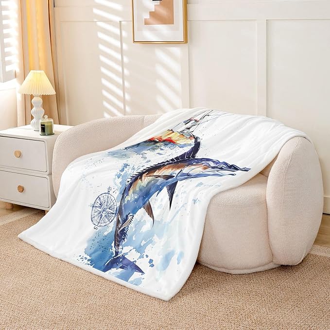 Erosebridal Marlin Swordfish Throw - Tie Dye Fleece Nautical Compass Sherpa Blanket - Fishing Theme Fuzzy Twin 60"x80" Blue Brown White