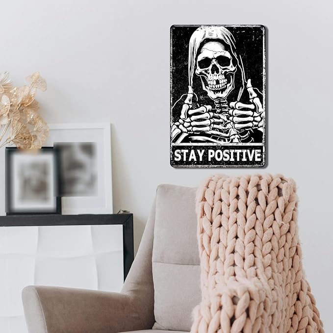 Stay Positive Skull Sign Skull Room Wall Decor Vintage Metal Tin Signs Aesthetic Room Decor Cool Things For Mens Bedroom Funny Posters Retro Sign For Home Living Room Bedroom Decor Gifts