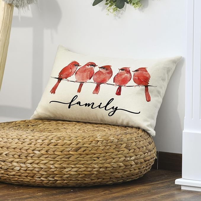 AVOIN colorlife Home Sweet Home Redbird Family Watercolor Throw Pillow Cover, 12 x 20 Inch Red Northern Cardinal Cushion Case Decoration for Sofa Couch