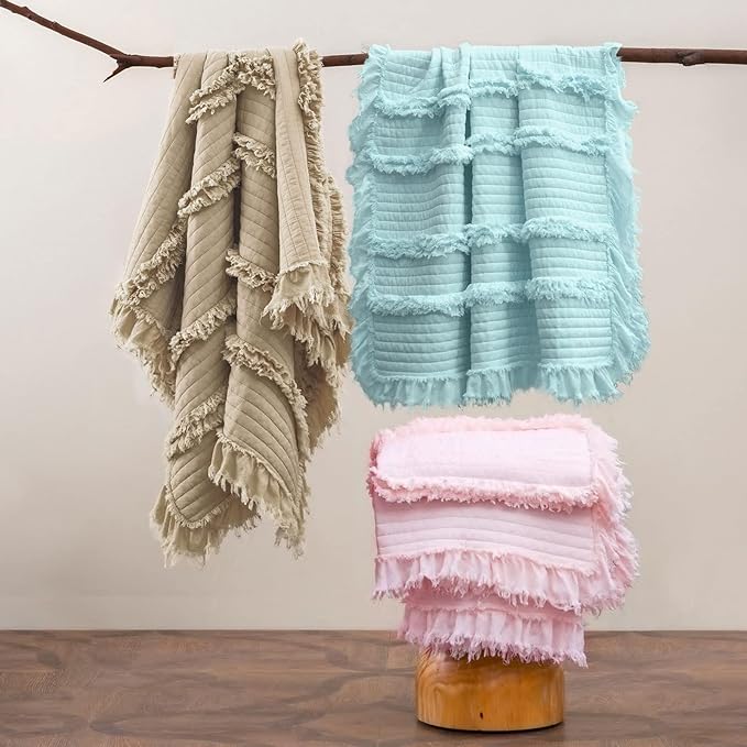 Ultra Soft Pre-Washed Quilted Boho Pink King Size Blankets for Bed, Ruffle Fringed Decorative Throw, Stone Washed Chic Rustic Blanket for Sofa Couch Bed, 104"*90"